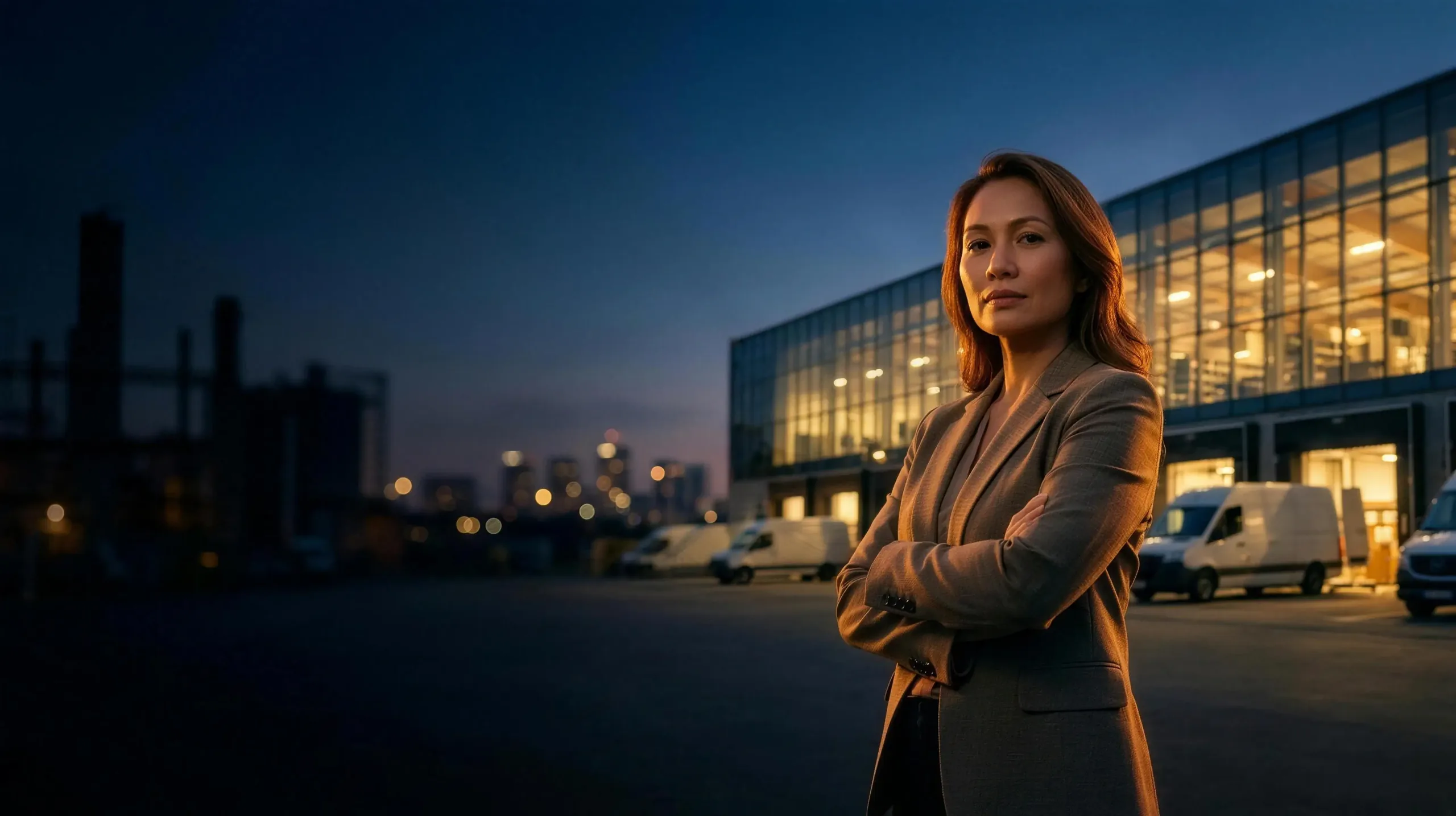 A business owner in front of her expanding warehouse at dusk