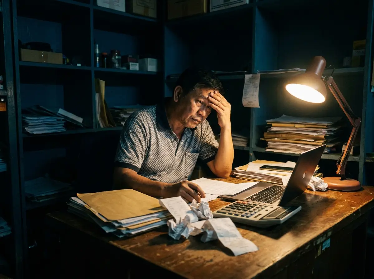 A business owner working through loan paperwork late at night