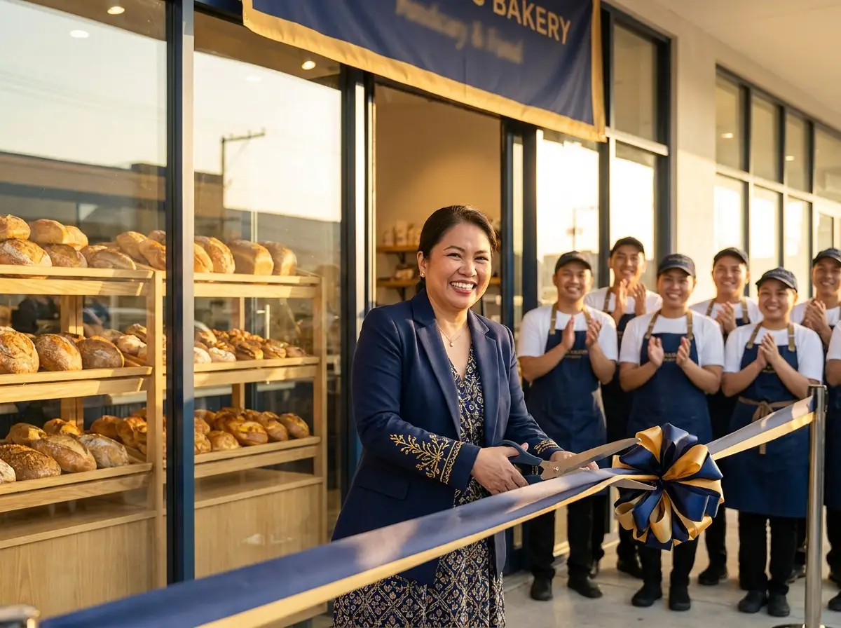 A bakery owner cutting the ribbon at her second branch